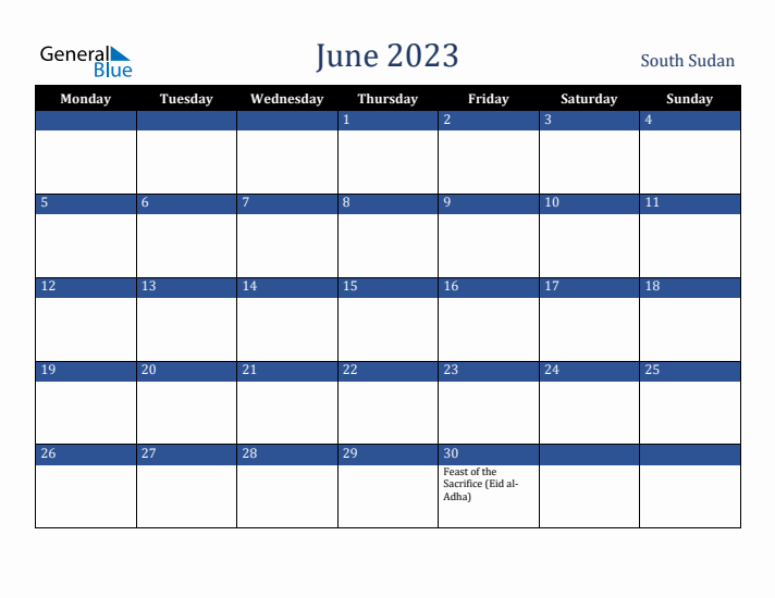 June 2023 South Sudan Calendar (Monday Start)