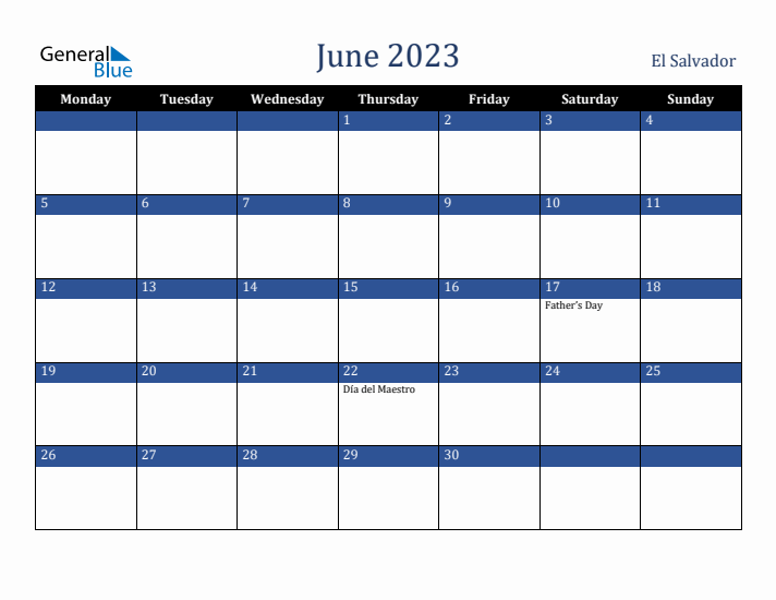 June 2023 El Salvador Calendar (Monday Start)
