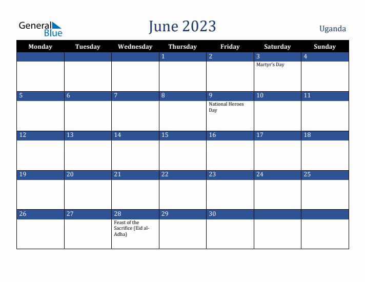 June 2023 Uganda Calendar (Monday Start)