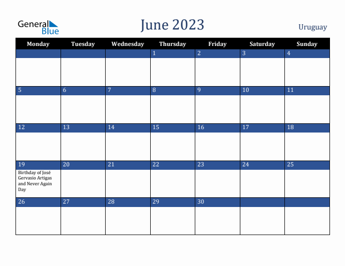 June 2023 Uruguay Calendar (Monday Start)