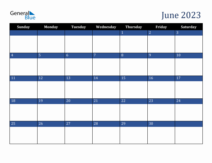 Sunday Start Calendar for June 2023