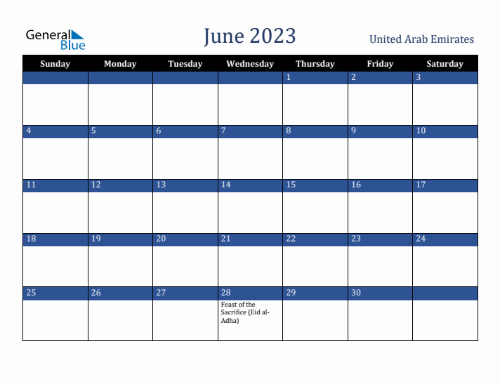 June 2023 United Arab Emirates Calendar (Sunday Start)