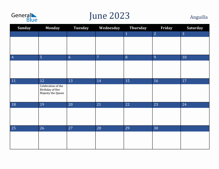 June 2023 Anguilla Calendar (Sunday Start)