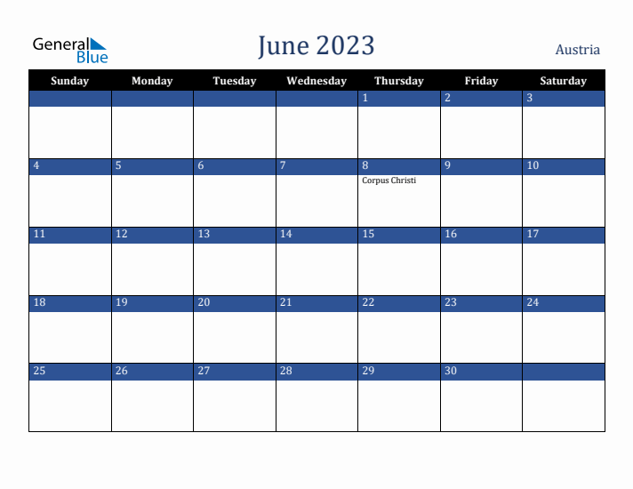 June 2023 Austria Calendar (Sunday Start)