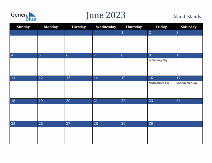 June 2023 Aland Islands Calendar (Sunday Start)