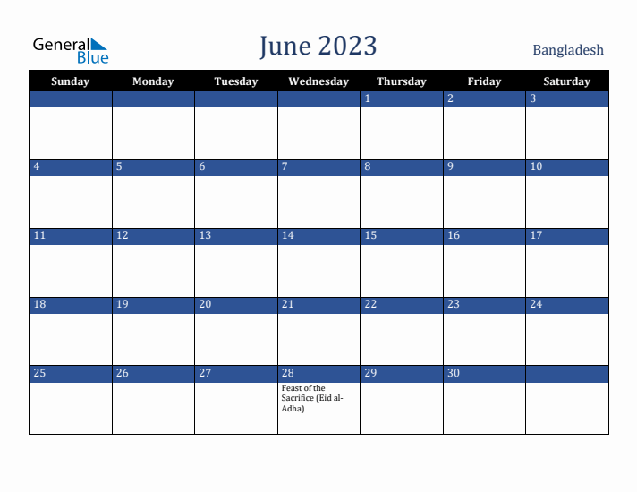 June 2023 Bangladesh Calendar (Sunday Start)