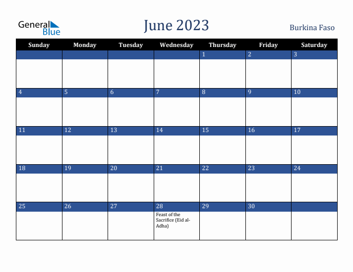 June 2023 Burkina Faso Calendar (Sunday Start)