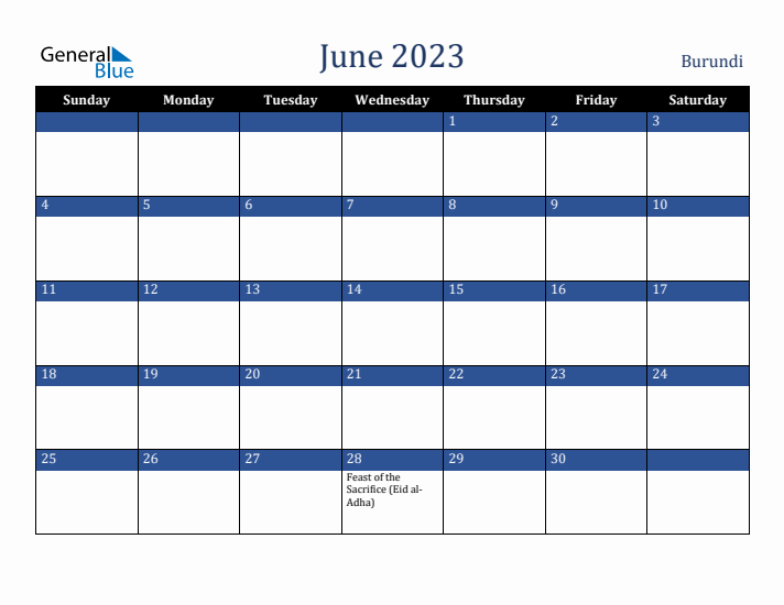 June 2023 Burundi Calendar (Sunday Start)
