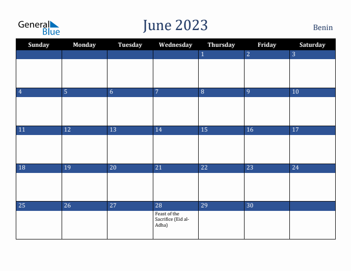 June 2023 Benin Calendar (Sunday Start)