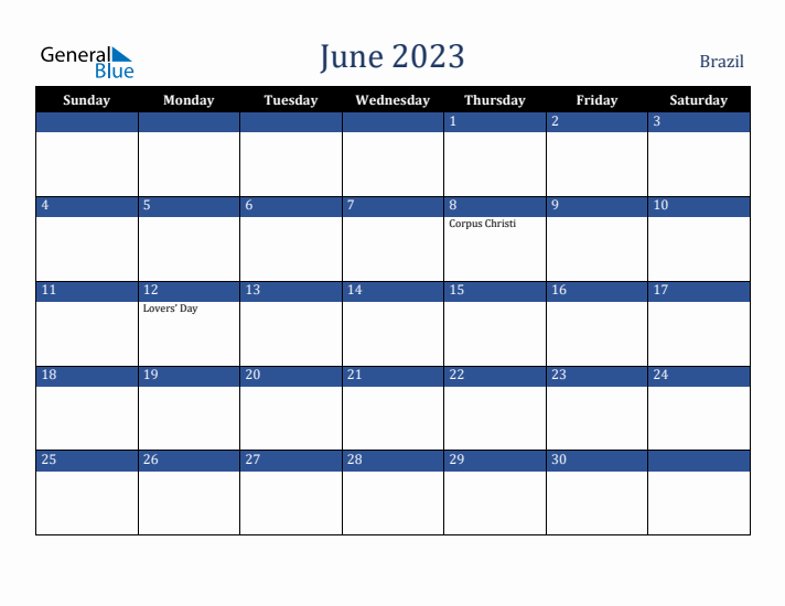 June 2023 Brazil Calendar (Sunday Start)