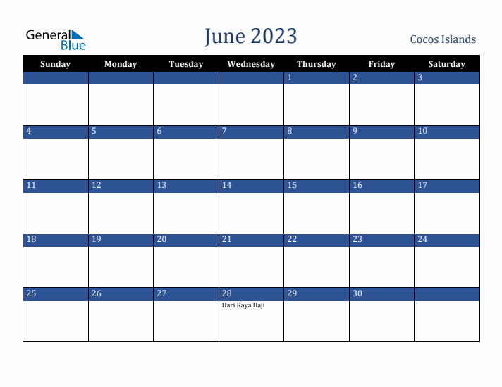 June 2023 Cocos Islands Calendar (Sunday Start)