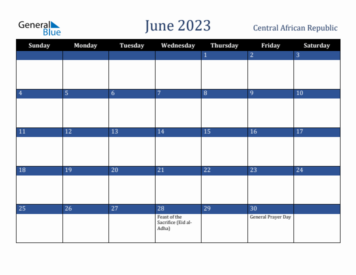 June 2023 Central African Republic Calendar (Sunday Start)