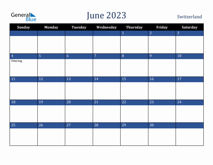 June 2023 Switzerland Calendar (Sunday Start)