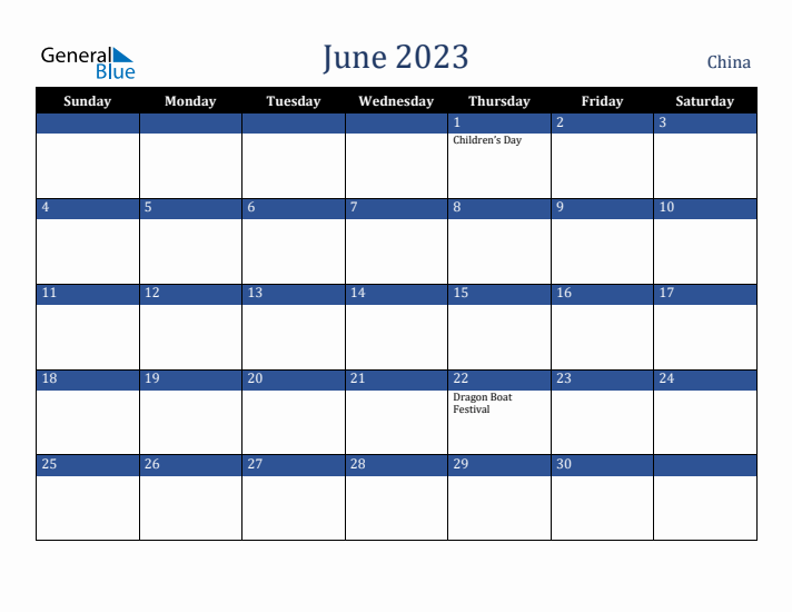 June 2023 China Calendar (Sunday Start)