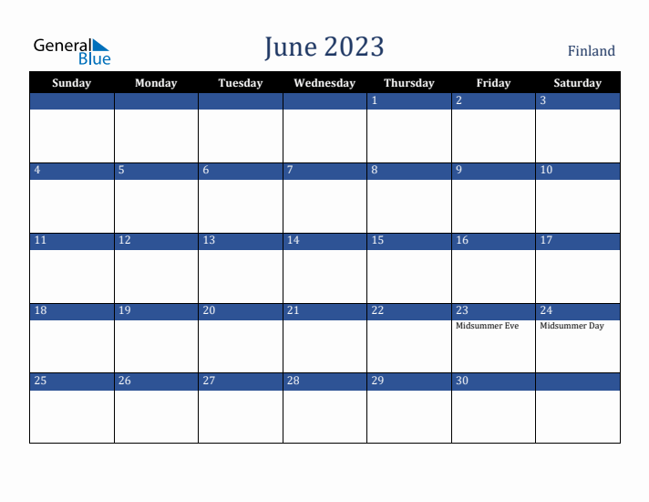 June 2023 Finland Calendar (Sunday Start)