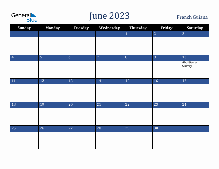 June 2023 French Guiana Calendar (Sunday Start)