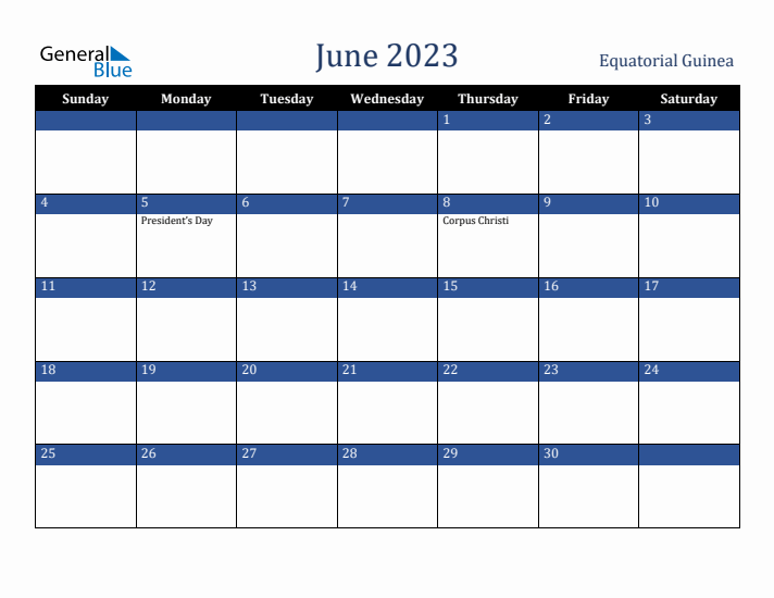 June 2023 Equatorial Guinea Calendar (Sunday Start)