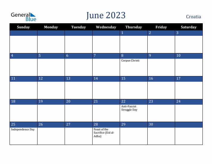 June 2023 Croatia Calendar (Sunday Start)