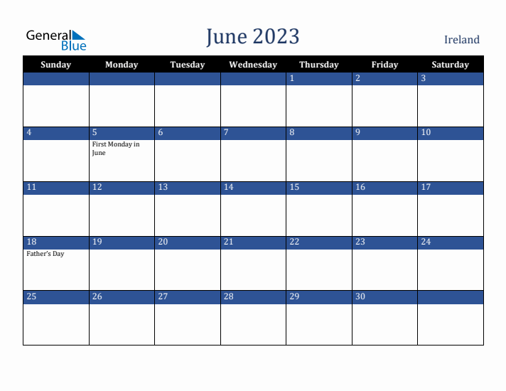 June 2023 Ireland Calendar (Sunday Start)