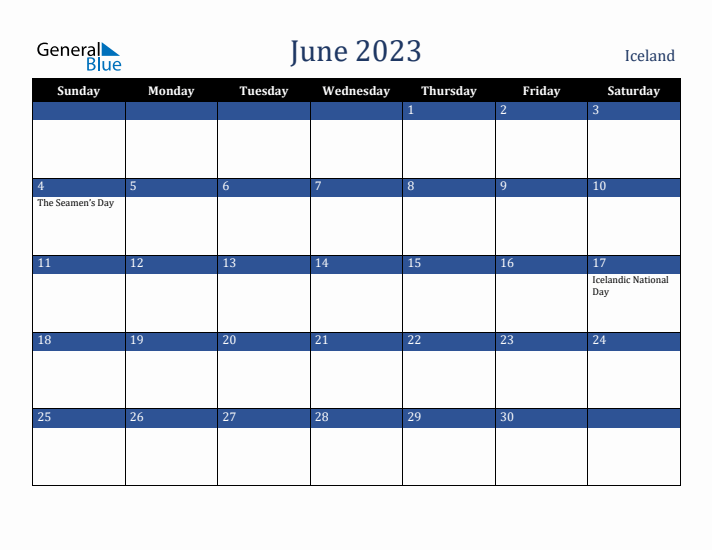 June 2023 Iceland Calendar (Sunday Start)