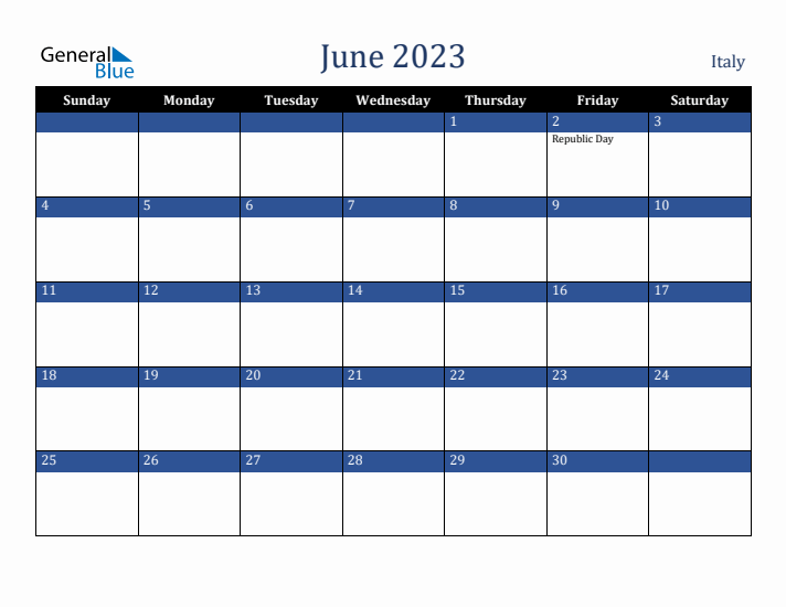 June 2023 Italy Calendar (Sunday Start)