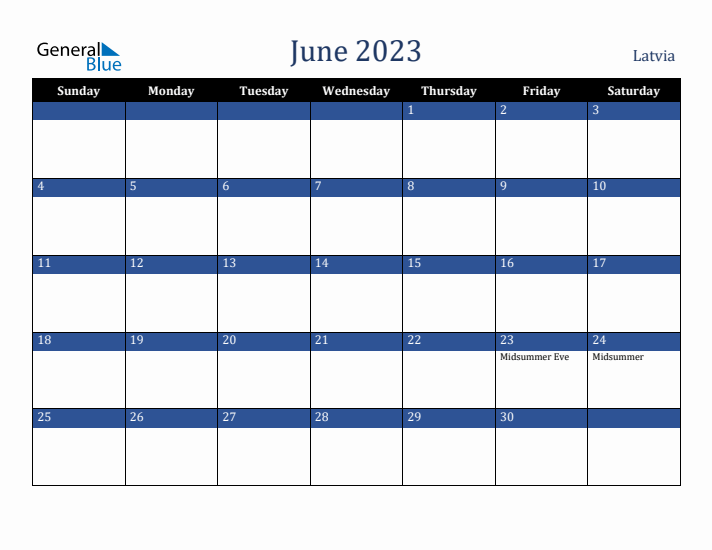 June 2023 Latvia Calendar (Sunday Start)