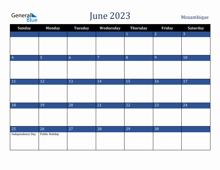 June 2023 Mozambique Calendar (Sunday Start)