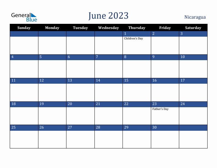 June 2023 Nicaragua Calendar (Sunday Start)
