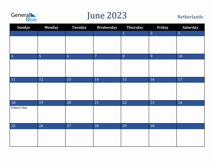 June 2023 The Netherlands Calendar (Sunday Start)