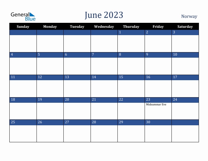 June 2023 Norway Calendar (Sunday Start)