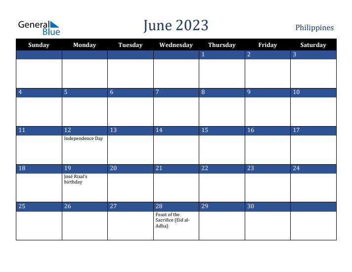 June 2023 Philippines Calendar (Sunday Start)
