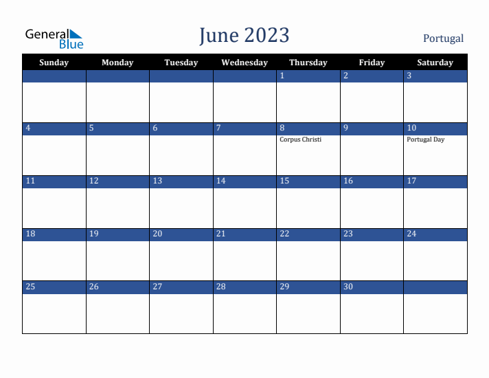 June 2023 Portugal Calendar (Sunday Start)