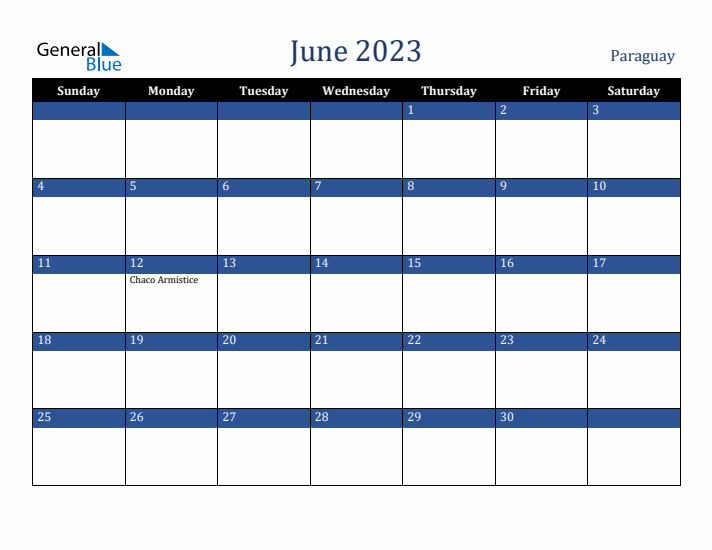 June 2023 Paraguay Calendar (Sunday Start)