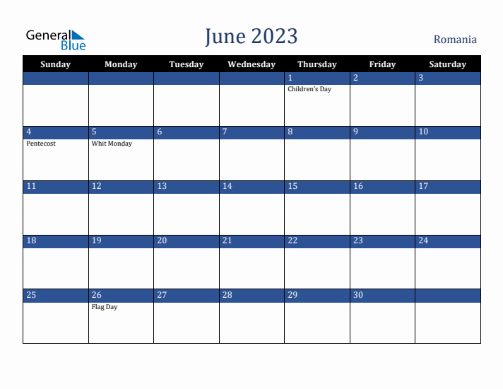 June 2023 Romania Calendar (Sunday Start)