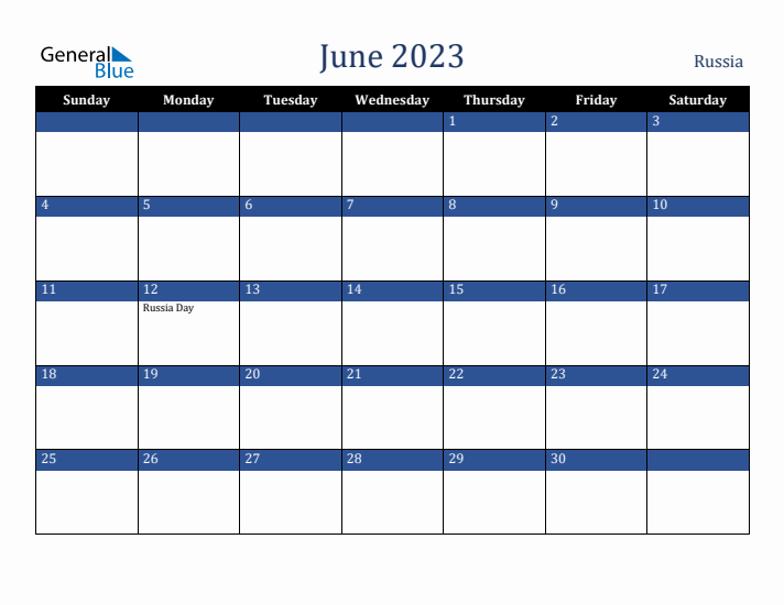 June 2023 Russia Calendar (Sunday Start)
