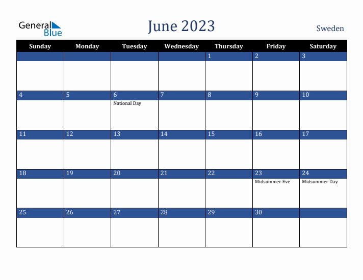 June 2023 Sweden Calendar (Sunday Start)