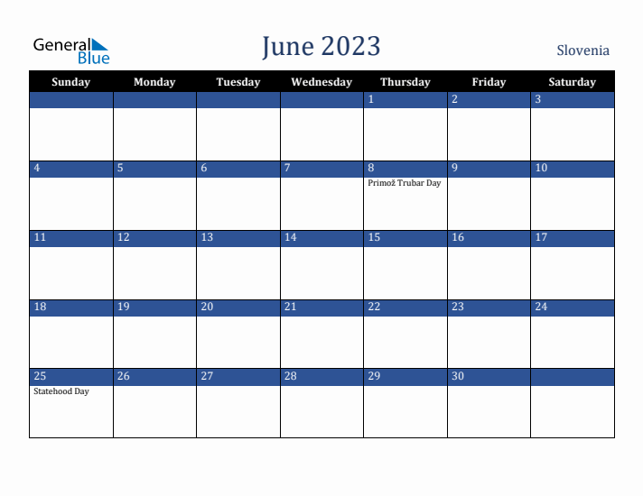 June 2023 Slovenia Calendar (Sunday Start)
