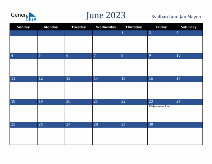 June 2023 Svalbard and Jan Mayen Calendar (Sunday Start)