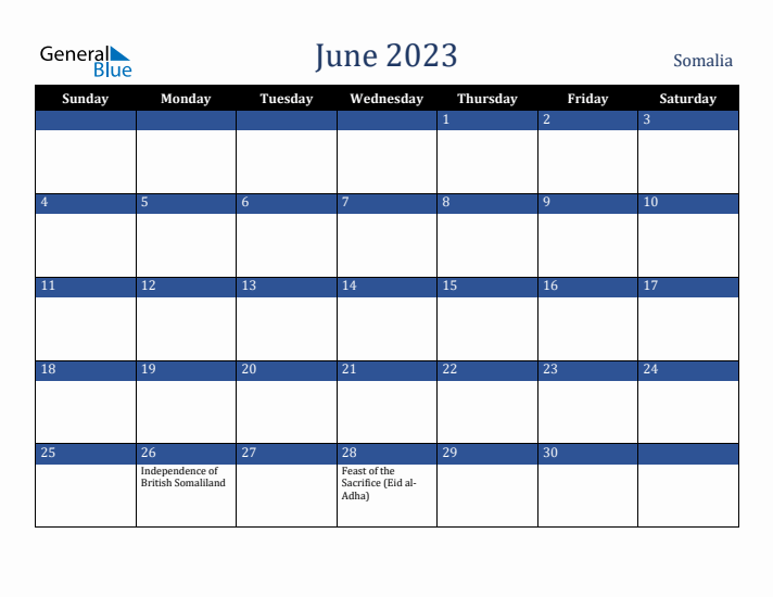 June 2023 Somalia Calendar (Sunday Start)