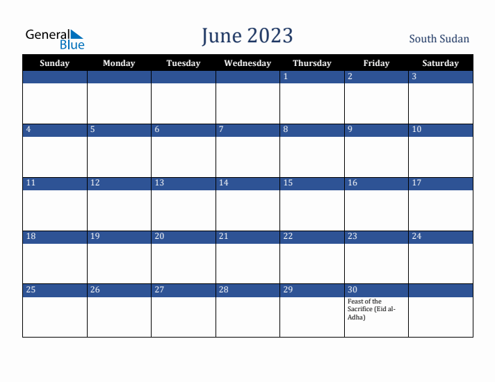 June 2023 South Sudan Calendar (Sunday Start)
