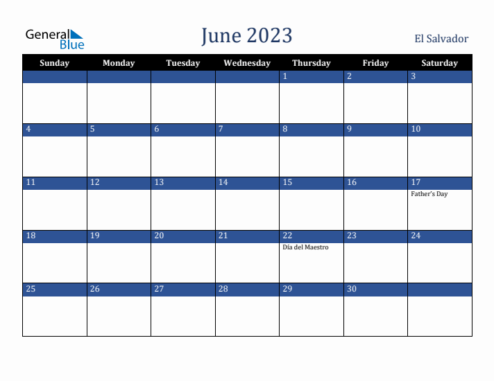 June 2023 El Salvador Calendar (Sunday Start)