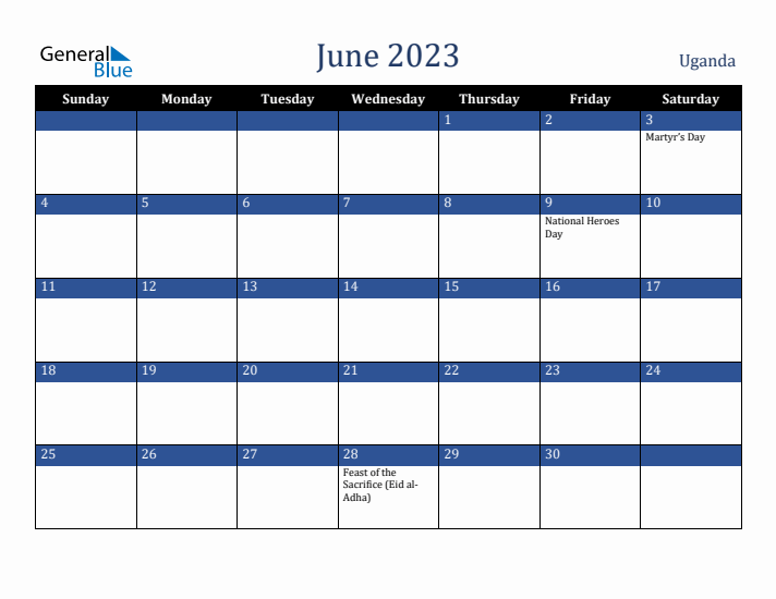 June 2023 Uganda Calendar (Sunday Start)