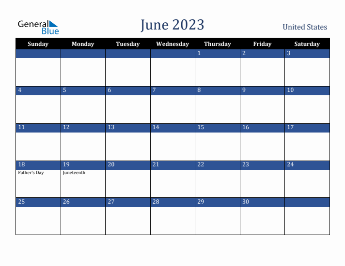 June 2023 United States Calendar (Sunday Start)