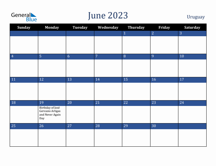 June 2023 Uruguay Calendar (Sunday Start)