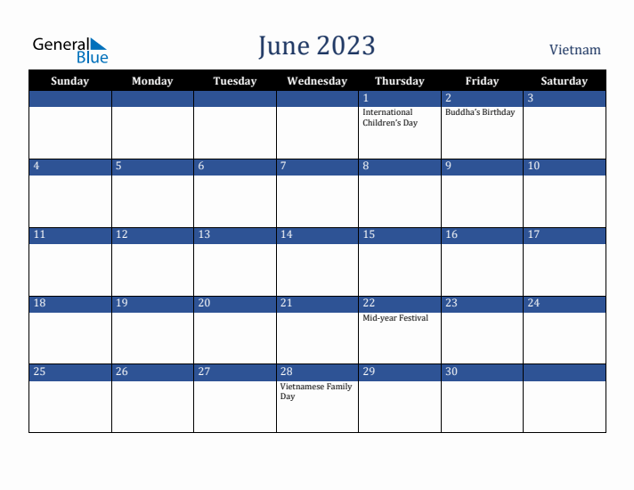 June 2023 Vietnam Calendar (Sunday Start)