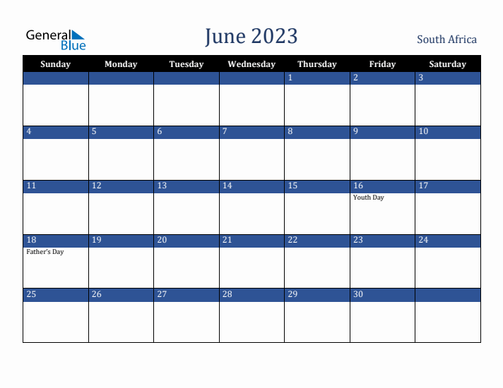 June 2023 South Africa Calendar (Sunday Start)