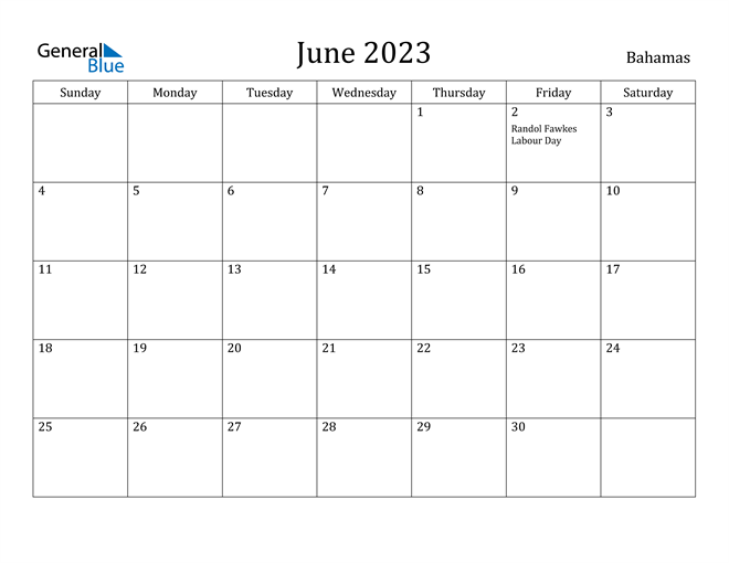 Bahamas June 2023 Calendar with Holidays