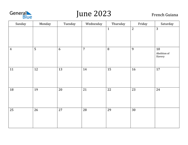 French Guiana June 2023 Calendar with Holidays