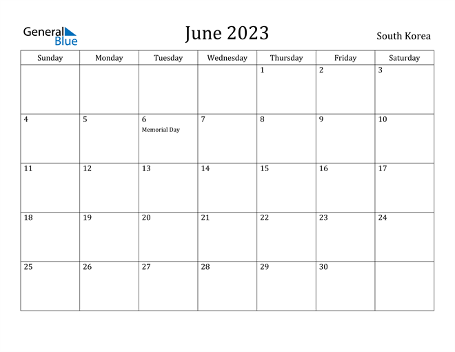 June 2023 Calendar with South Korea Holidays