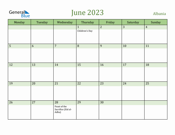 June 2023 Calendar with Albania Holidays